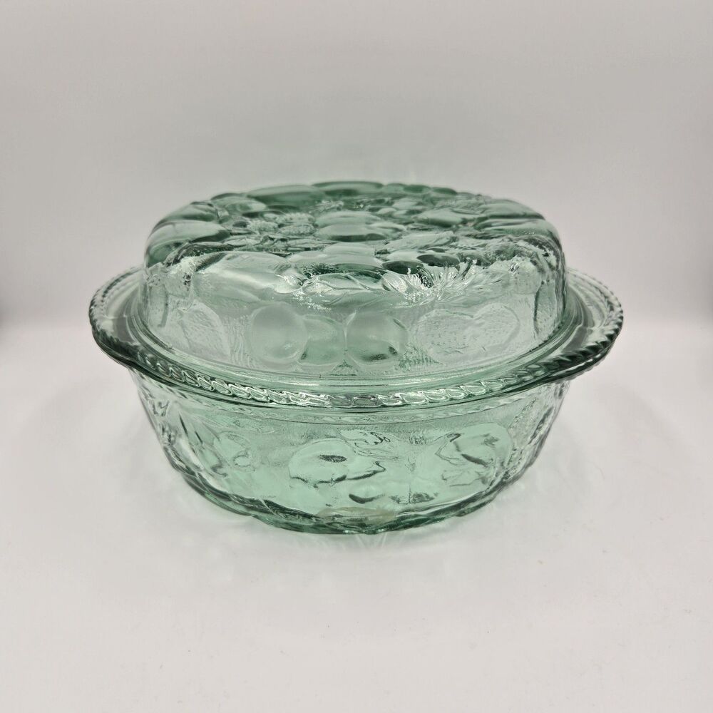 Vintage Libbey-Rock Sharpe Orchard Fruit Green Glass Round Casserole Dish & Lid